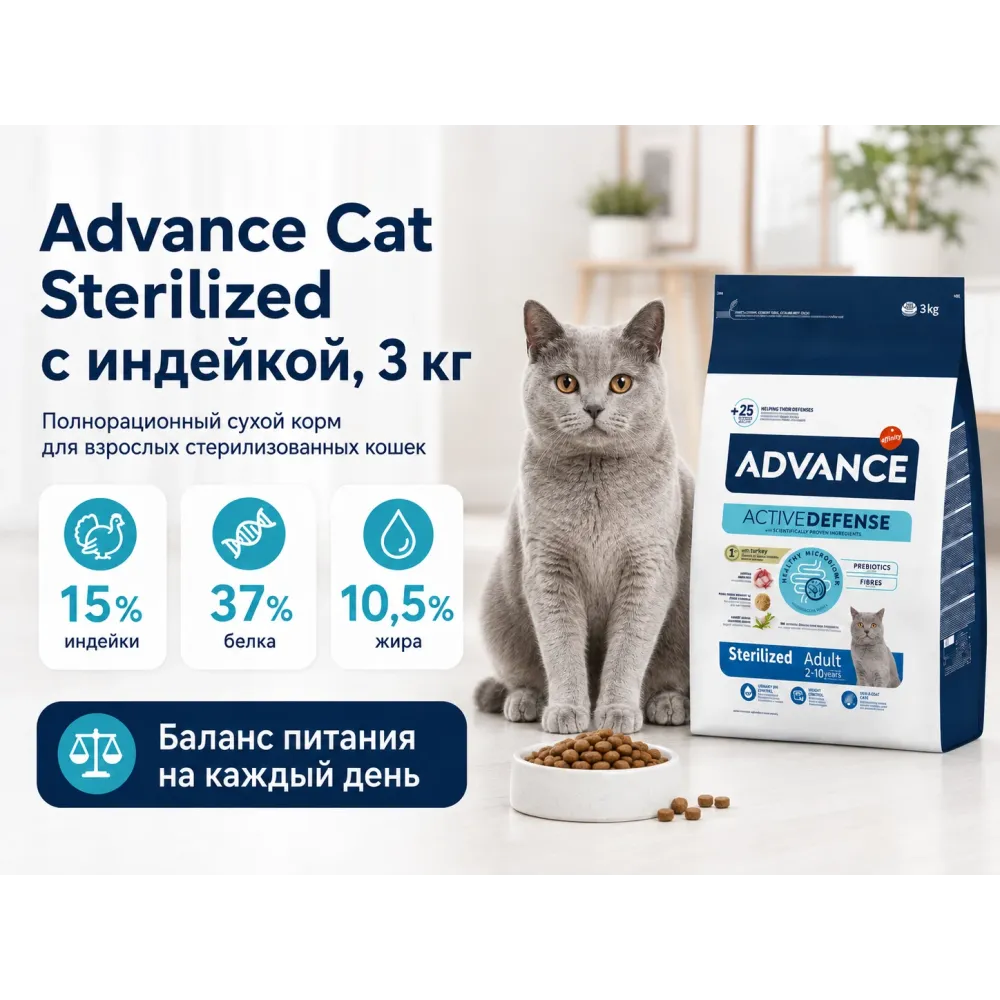 Advance Sterilized Adult с индейкой — сухой корм для стерилизованных кошек, 3 кг
