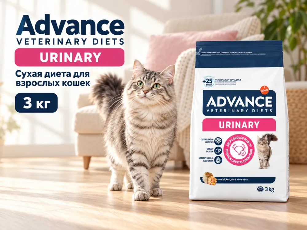 Advance Veterinary Diets Urinary — ветеринарная сухая диета с курицей для взрослых кошек, 3 кг