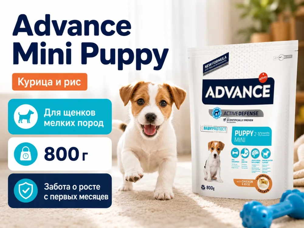 Advance Mini Puppy с курицей и рисом — сухой корм для щенков мелких пород, 800 г