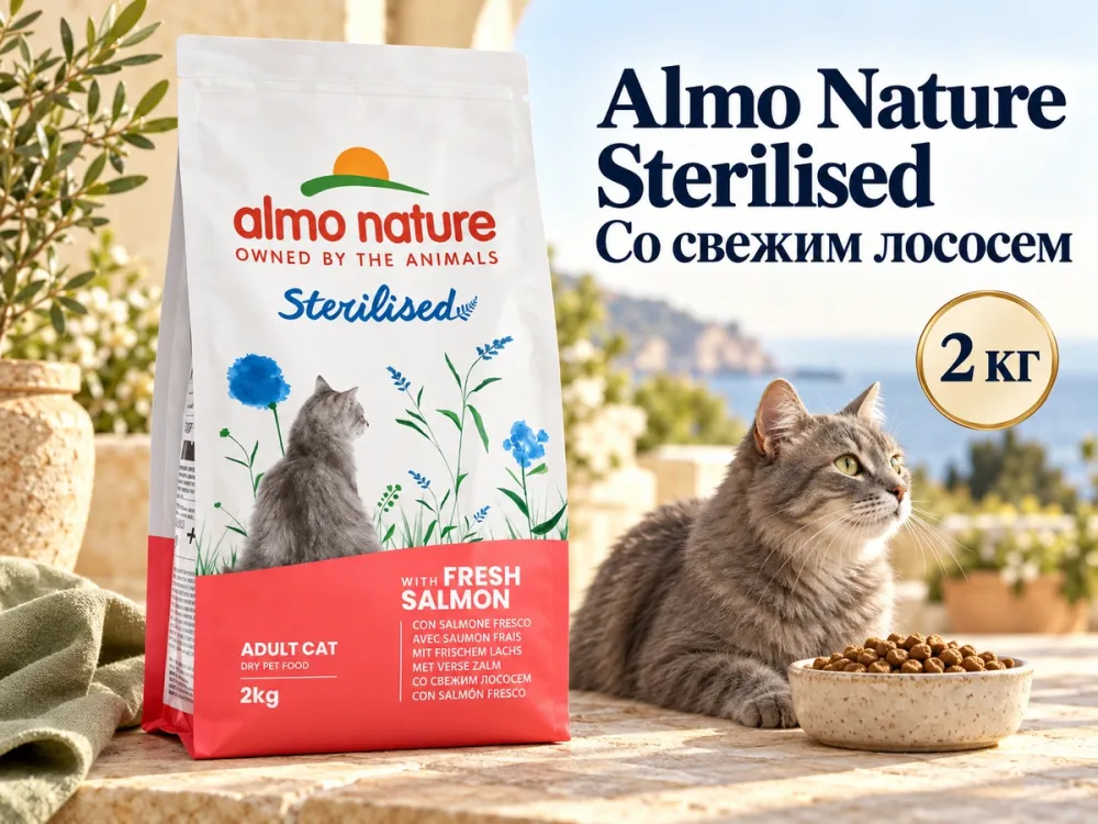 Almo Nature Sterilised со свежим лососем сухой корм для стерилизованных кошек, 2 кг
