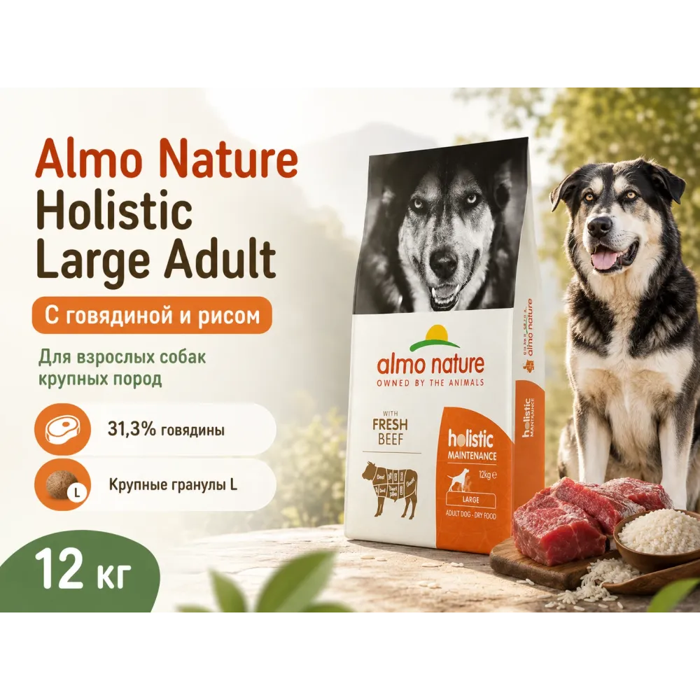 Almo Nature Holistic Large Adult с говядиной и рисом — сухой корм для взрослых собак крупных пород, 12 кг