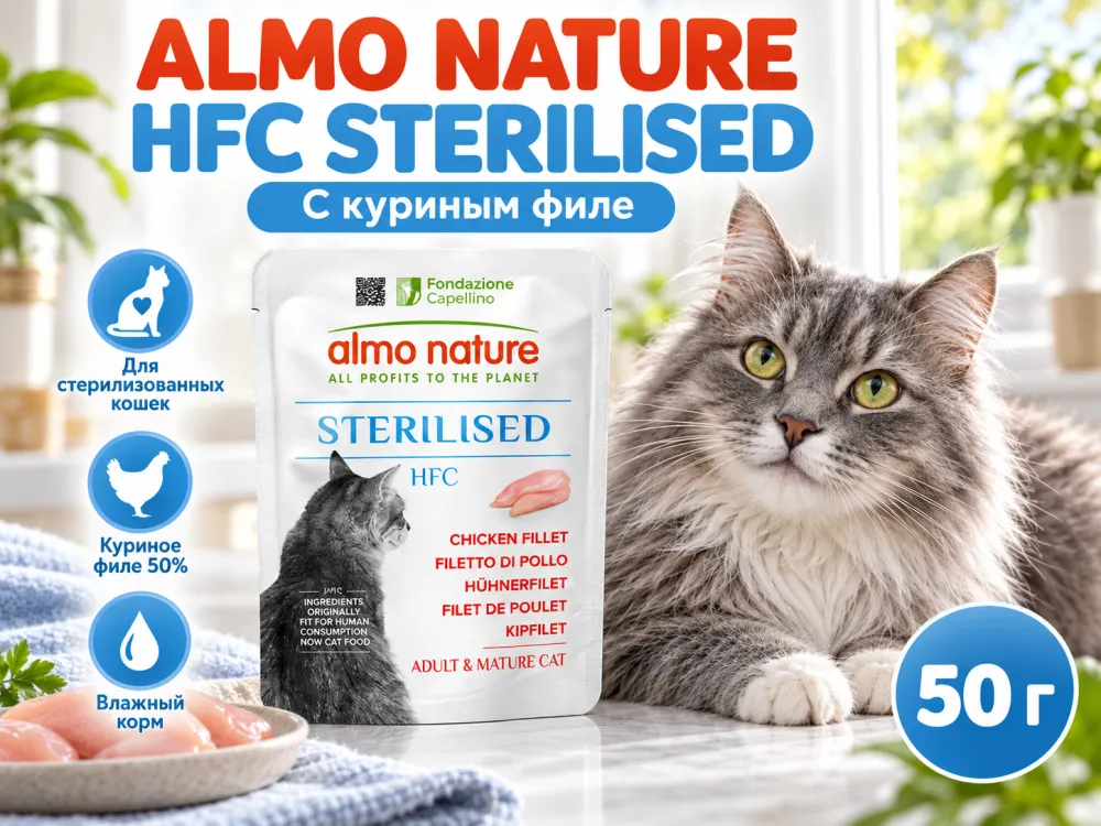 Almo Nature HFC влажный корм для стерилизованных кошек, с куриным филе пауч 50 г