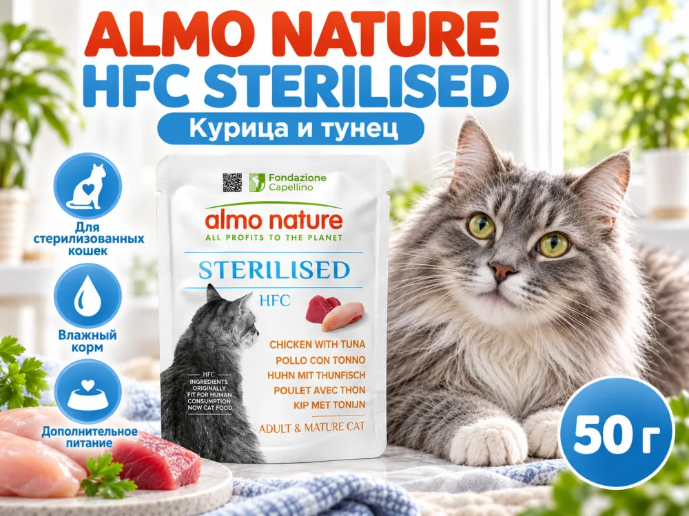 Almo Nature HFC влажный корм для стерилизованных кошек, с курицей и тунцом пауч 50 г
