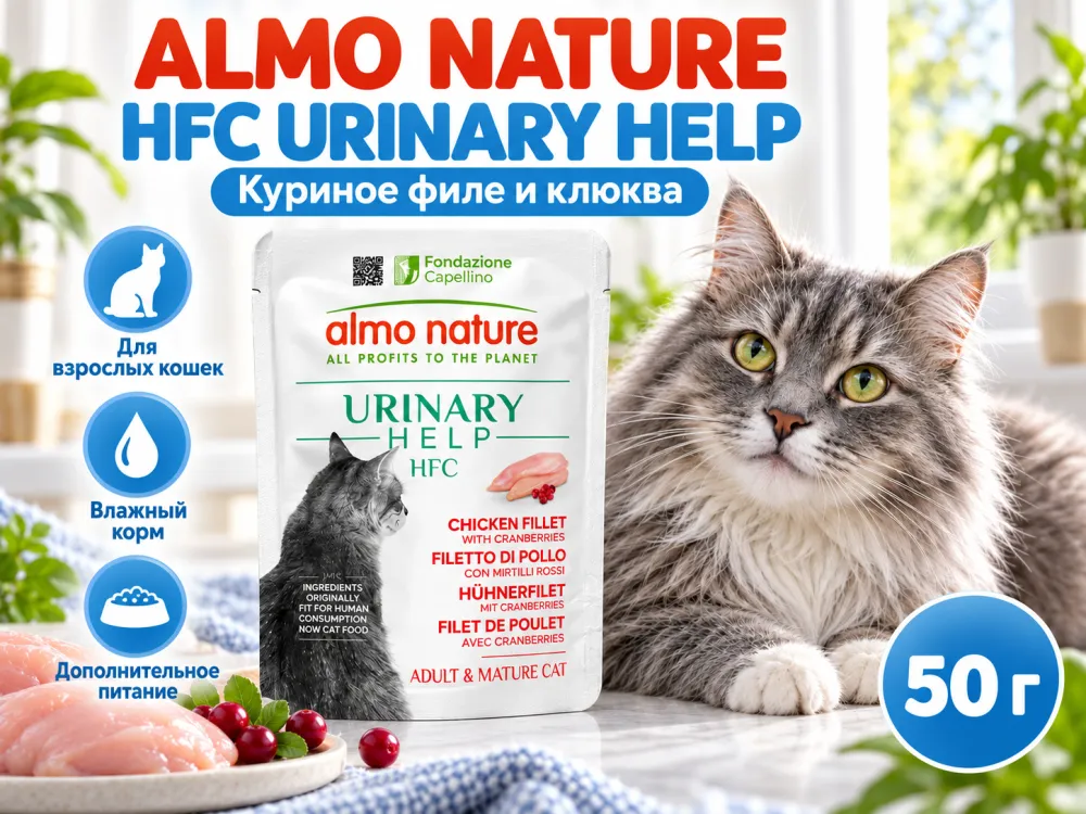 Almo Nature HFC Urinary Help для кошек, куриное филе с клюквой, пауч 50 г
