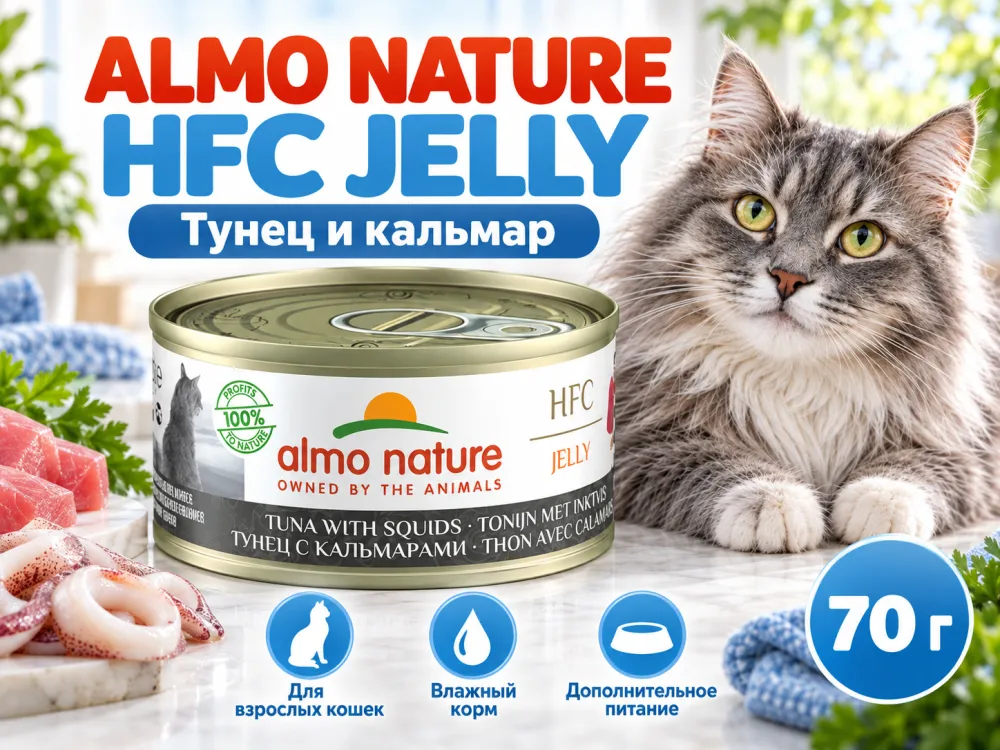 Almo Nature HFC JELLY для кошек, консервы из тунца с кальмарами 70г