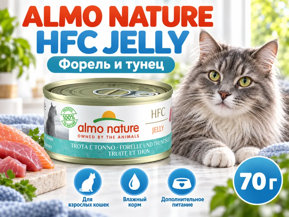 Almo Nature HFC JELLY для кошек, консервы из форели и тунца 70г
