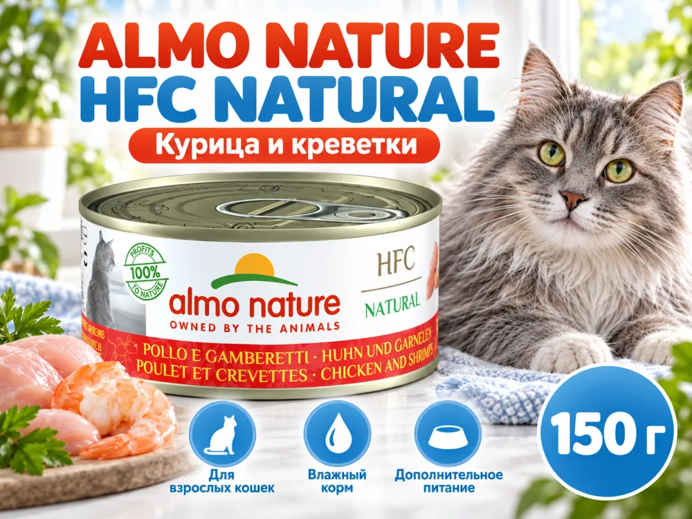 Almo Nature HFC для кошек из курицы и креветок, консерва 150 гр