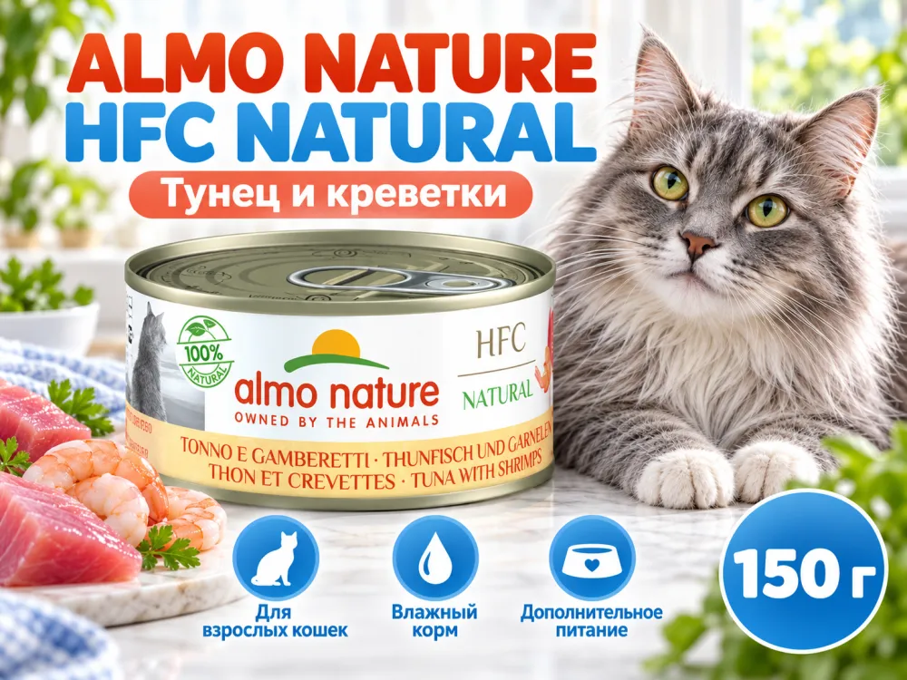 Almo Nature HFC для кошек из тунца и креветок, консервы 150г