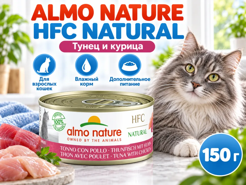 Almo Nature HFC для кошек из тунца и курицы, консервы 150 г