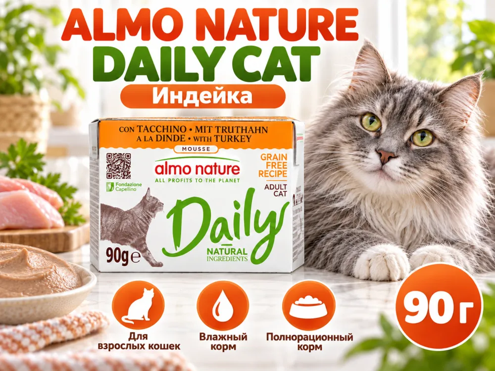 Влажный корм «Almo Nature» DAILY для кошек с индейкой, тетрапак 90 гр