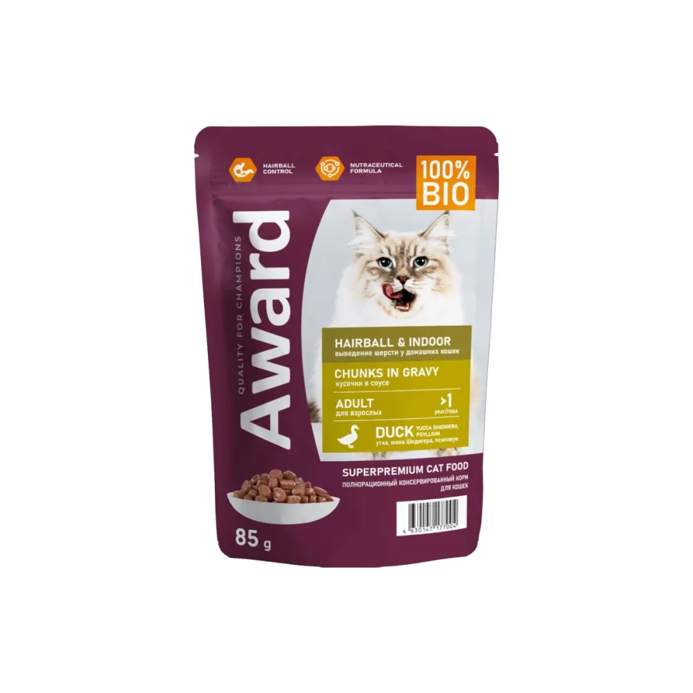 Award влажный корм Hairball Indoor с уткой для взрослых кошек 85 г