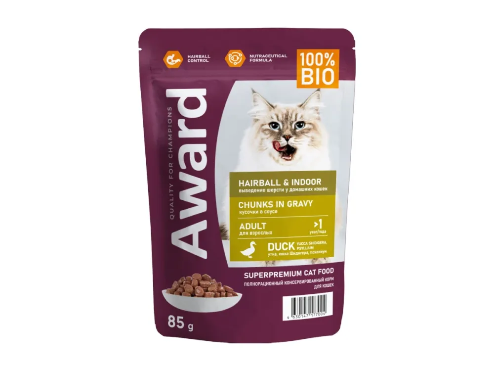 Award влажный корм Hairball Indoor с уткой для взрослых кошек 85 г