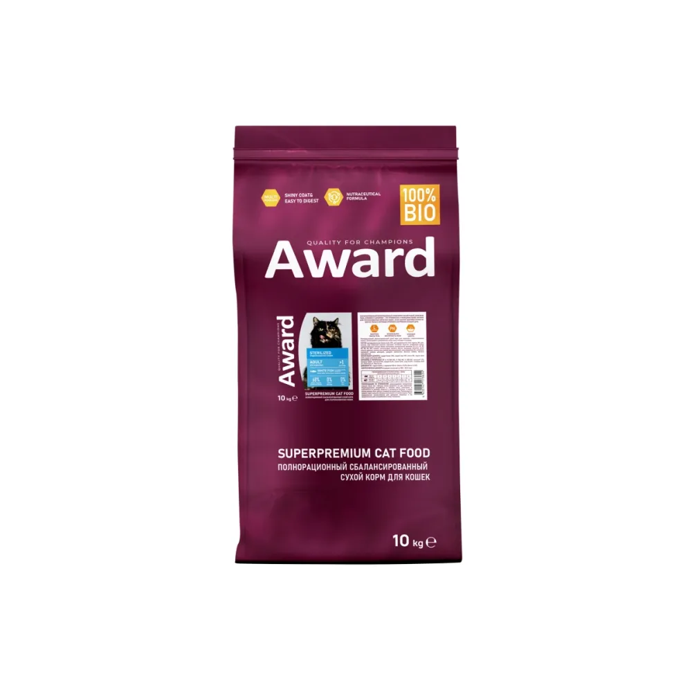 Award сухой корм Sterilized с белой рыбой для стерилизованных кошек 10 кг