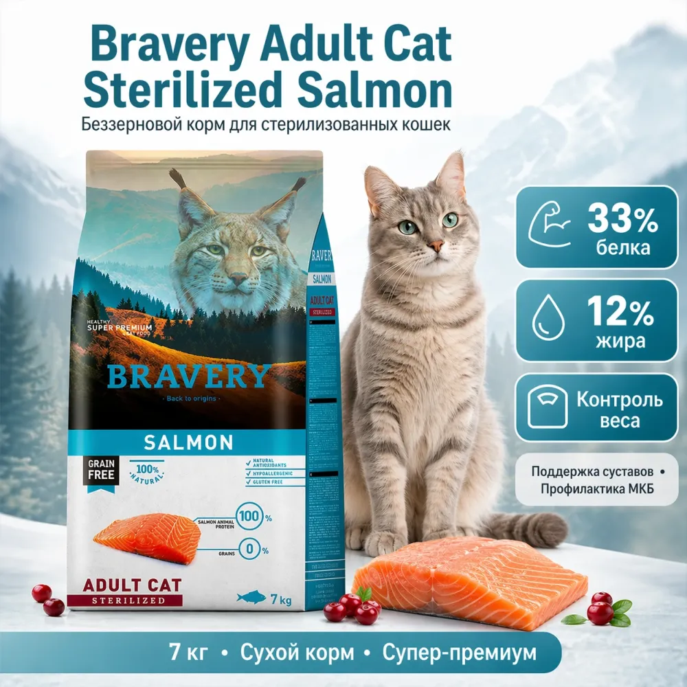 BRAVERY Adult Cat Salmon беззерновой сухой корм с лососем для взрослых кошек, 7 кг