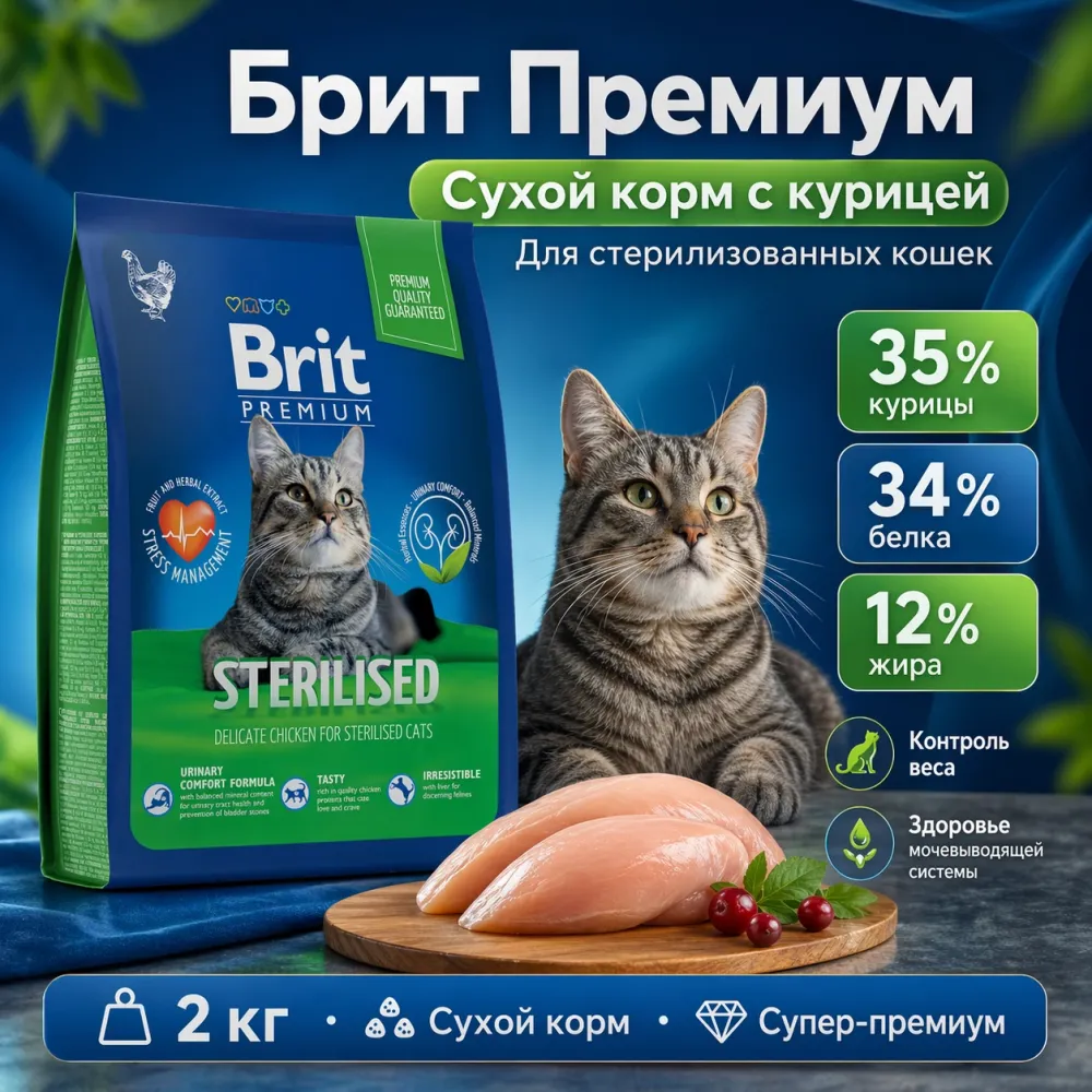Brit Premium Cat Sterilised Chicken сухой корм с курицей для стерилизованных кошек, 2 кг