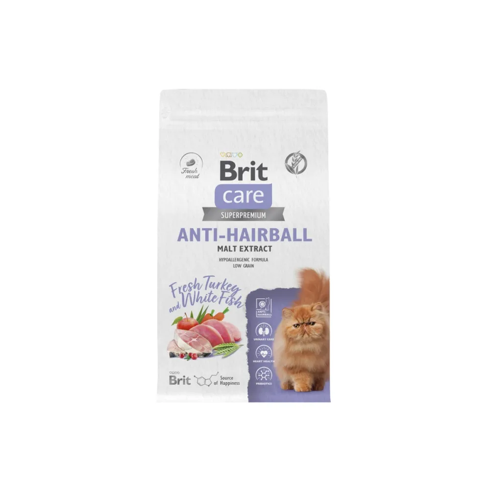 Brit Care сухой корм Anti Hairball для взрослых кошек с индейкой и белой рыбой 1,5 кг