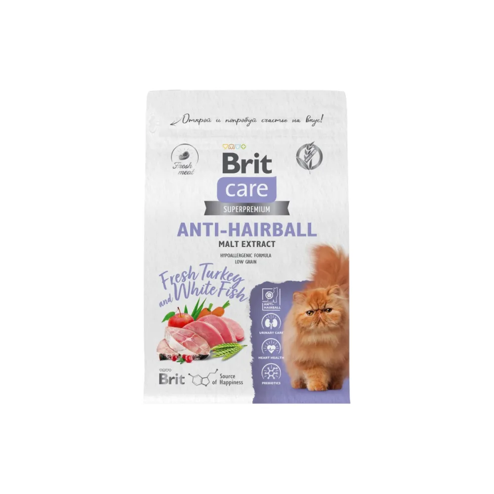 Brit Care сухой корм Anti Hairball для взрослых кошек с индейкой и белой рыбой 400 г