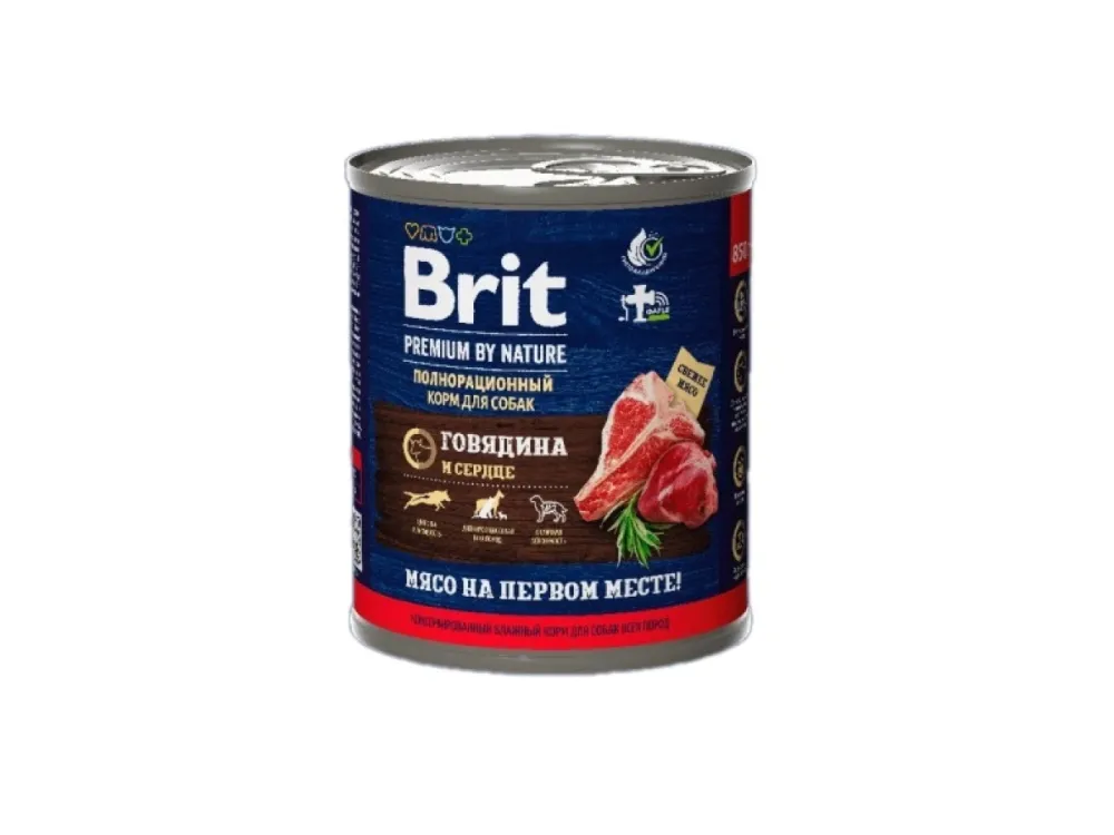 Brit Premium влажный корм by Nature для взрослых собак всех пород с говядиной и сердцем 850 г