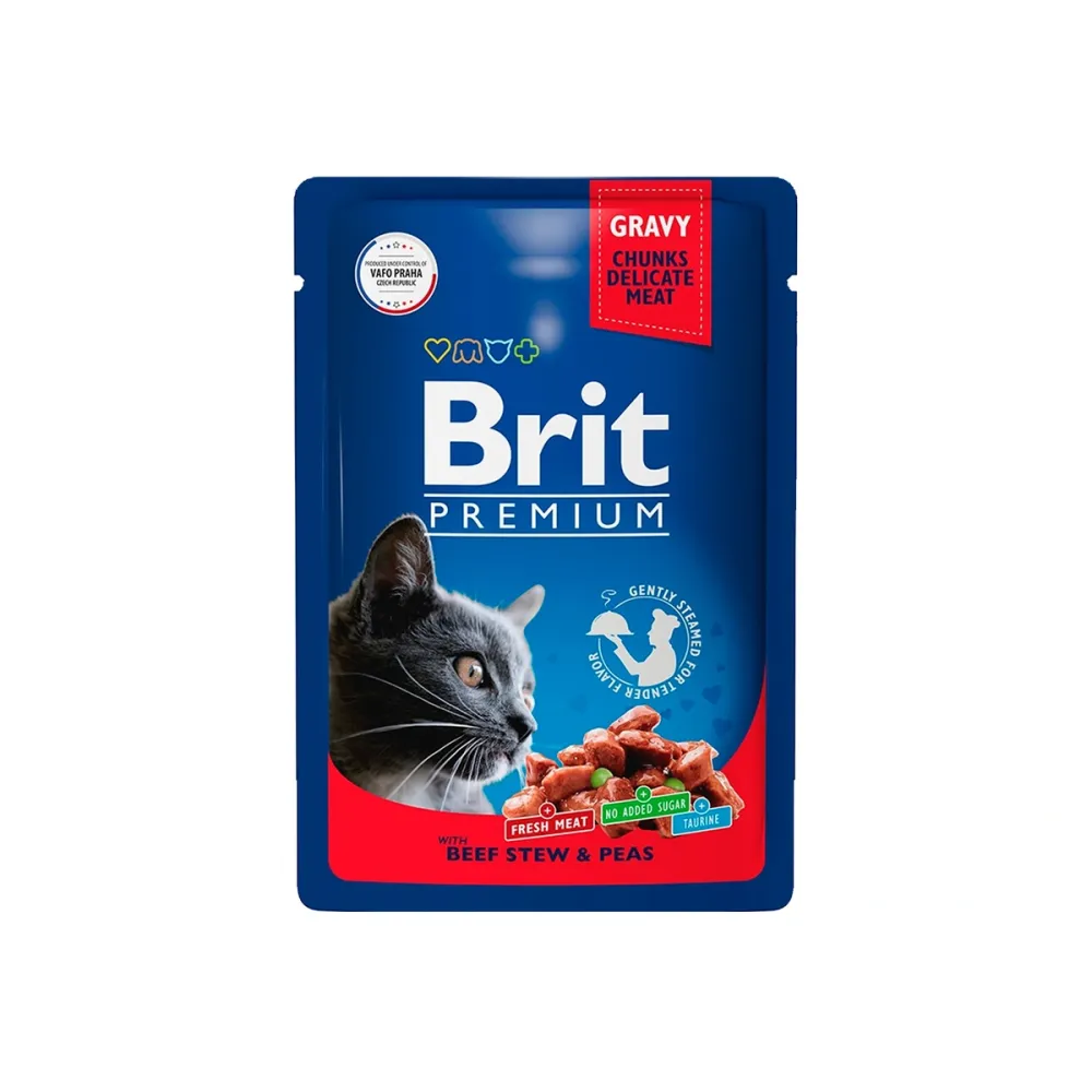 Brit Premium влажный корм Adult для взрослых кошек с говядиной и горошком в соусе 85 г