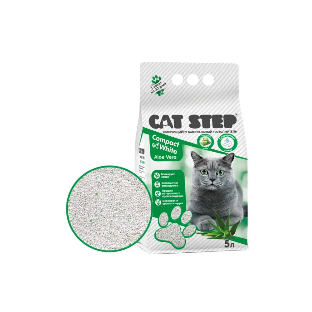 CAT STEP наполнитель Compact White Aloe Vera комкующийся бентонитовый для кошек 5 л