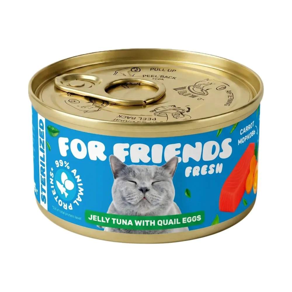 For Friends Fresh влажный корм для стерилизованных кошек с тунцом, перепелиным яйцом, клюквой и морковью в желе, 85 г
