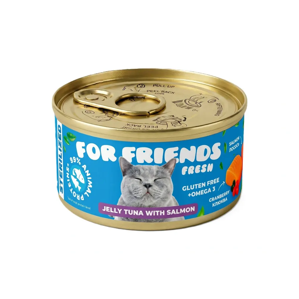 For Friends Fresh Jelly влажный корм для стерилизованных кошек с тунцом, лососем и клюквой в желе, 85 г