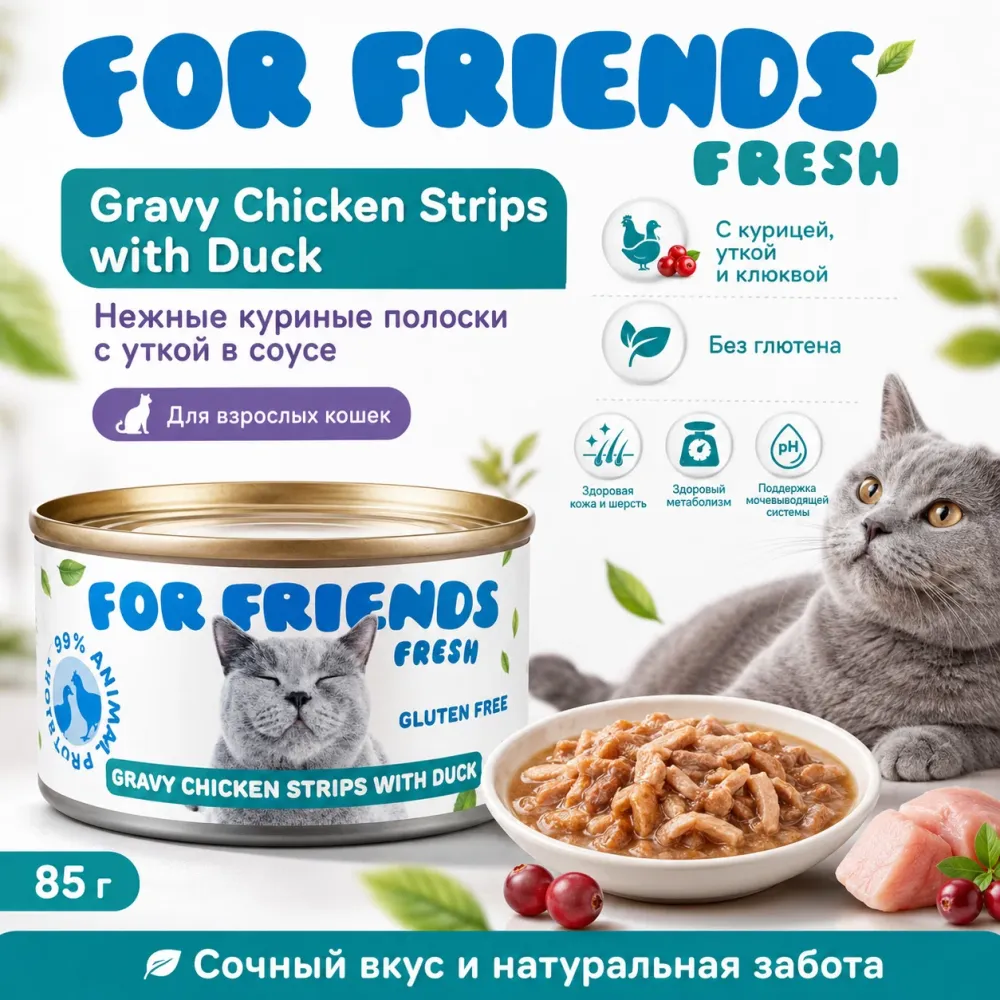 For Friends Fresh Gravy влажный корм для кошек с курицей и уткой, 85 г