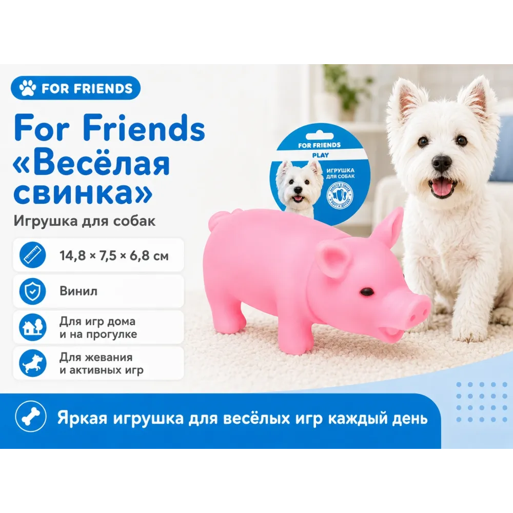 For Friends «Весёлая свинка» — виниловая игрушка для собак, 14,8 см