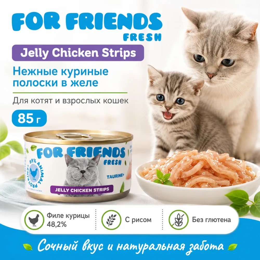 For Friends Fresh Jelly Chicken Strips влажный корм для котят и кошек с курицей и рисом, 85 г