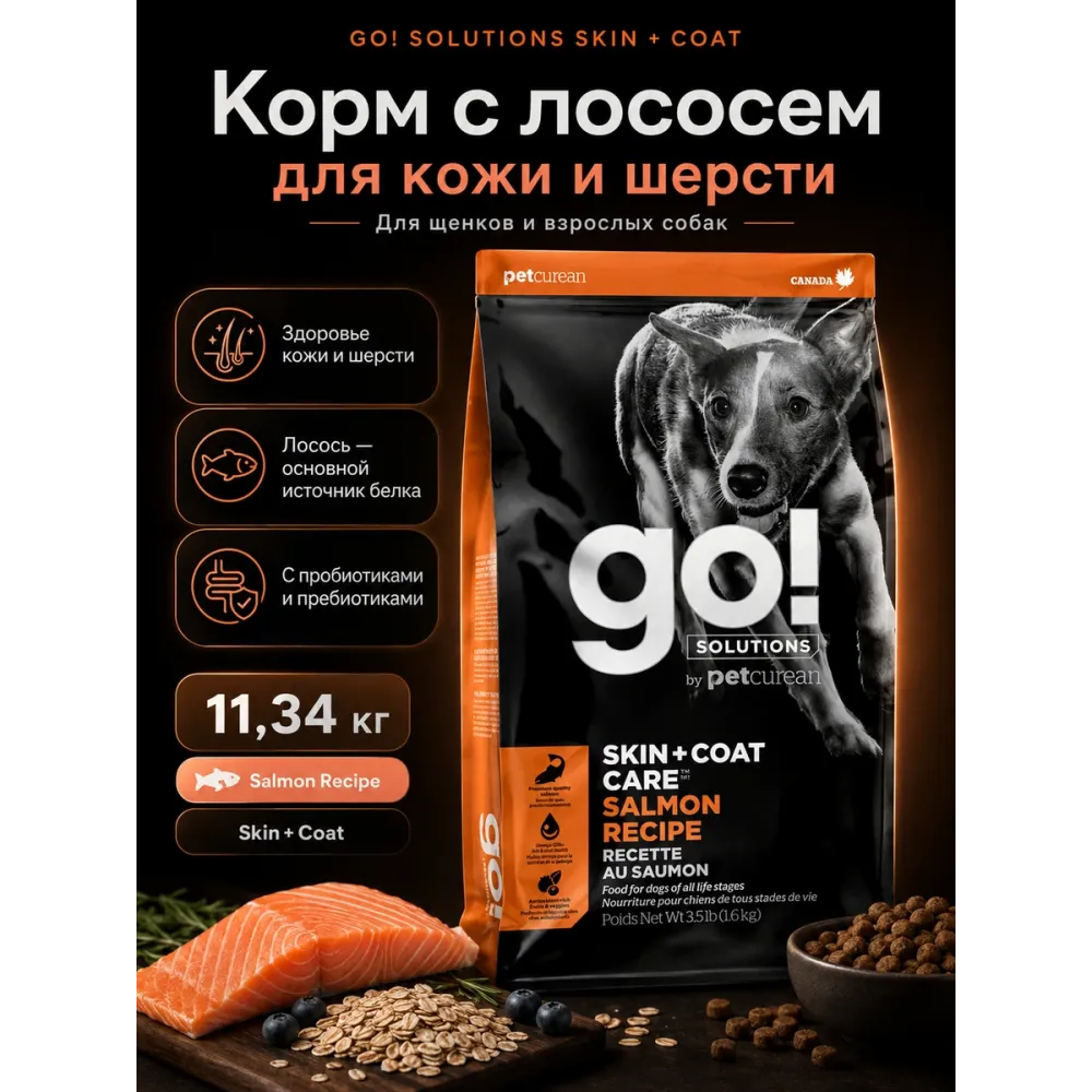 GO! Solutions Skin + Coat Salmon Recipe 22/12 11,34 кг сухой корм с лососем для собак