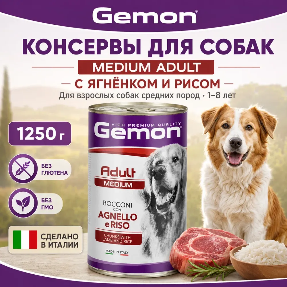 Gemon Dog Medium Adult Lamb/Rice консервы для взрослых собак средних пород с ягнёнком и рисом, 1250 г