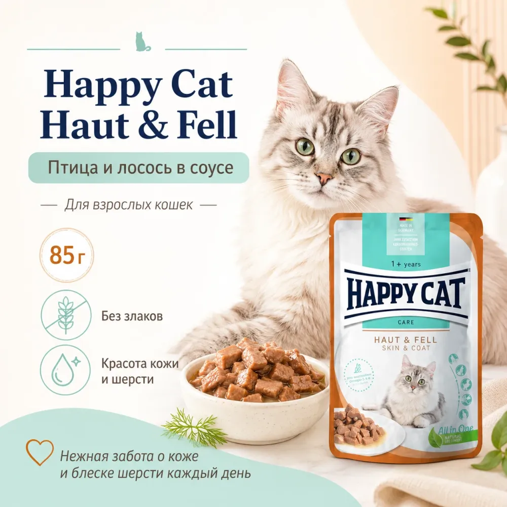 Happy Cat Care Meat in Sauce Haut & Fell влажный корм для кошек с птицей и лососем, 85 г