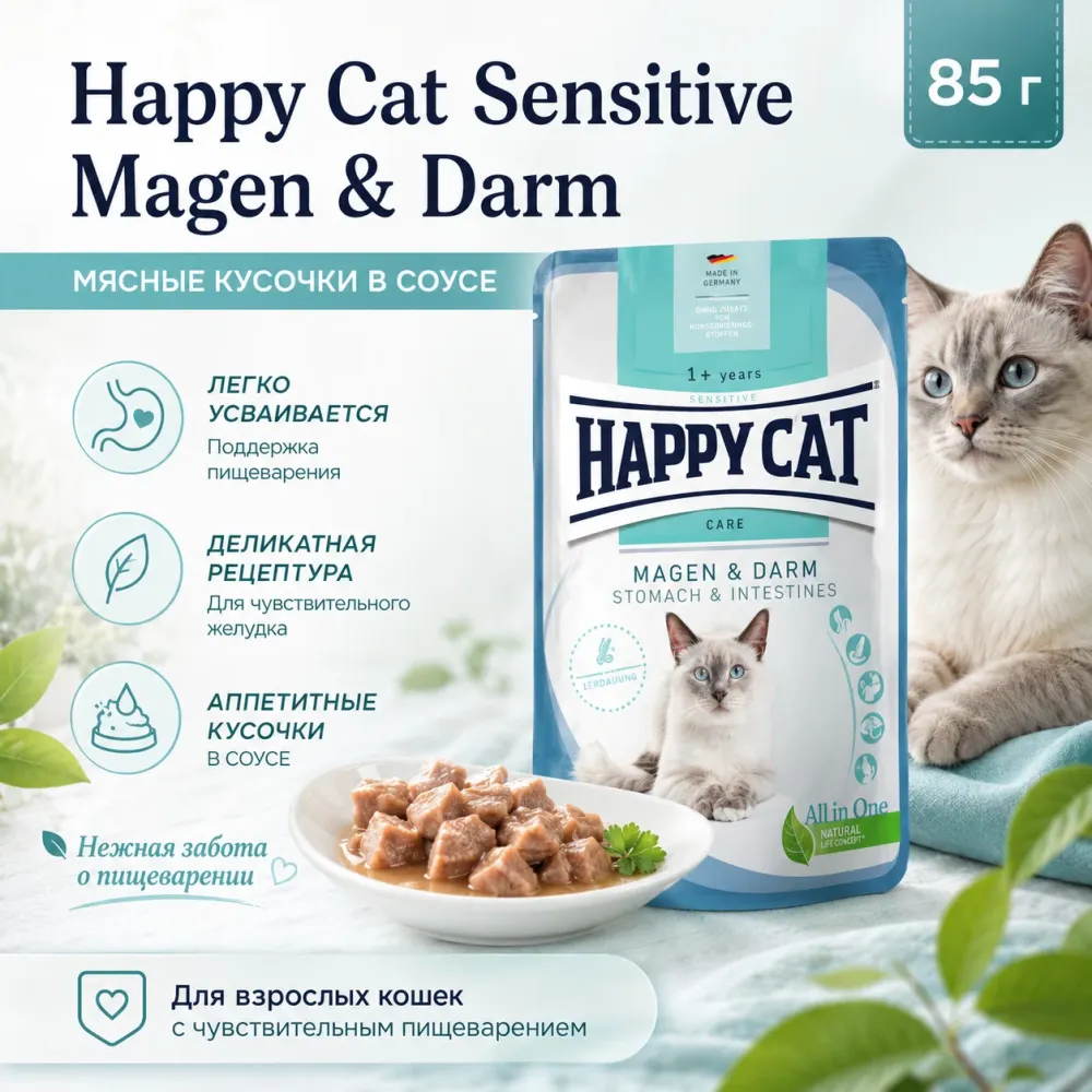Happy Cat Care Meat in Sauce Magen & Darm влажный корм для кошек с чувствительным пищеварением, 85 г
