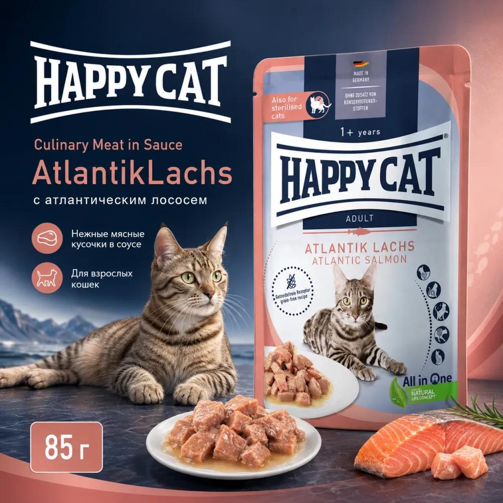 Happy Cat Culinary Meat in Sauce AtlantikLachs влажный корм для кошек с лососем, 85 г