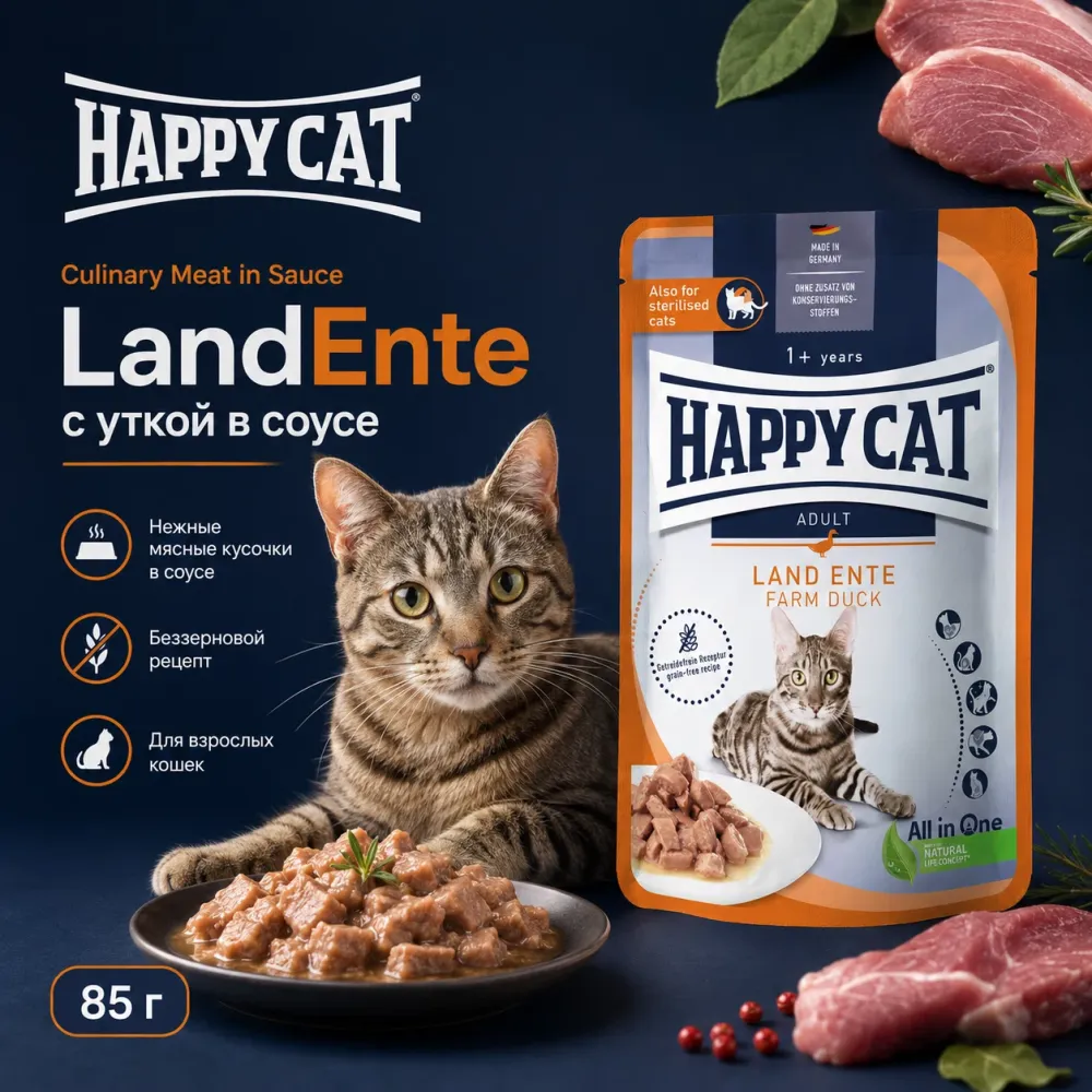 Happy Cat Culinary Meat in Sauce LandEnte влажный корм для кошек с уткой, 85 г