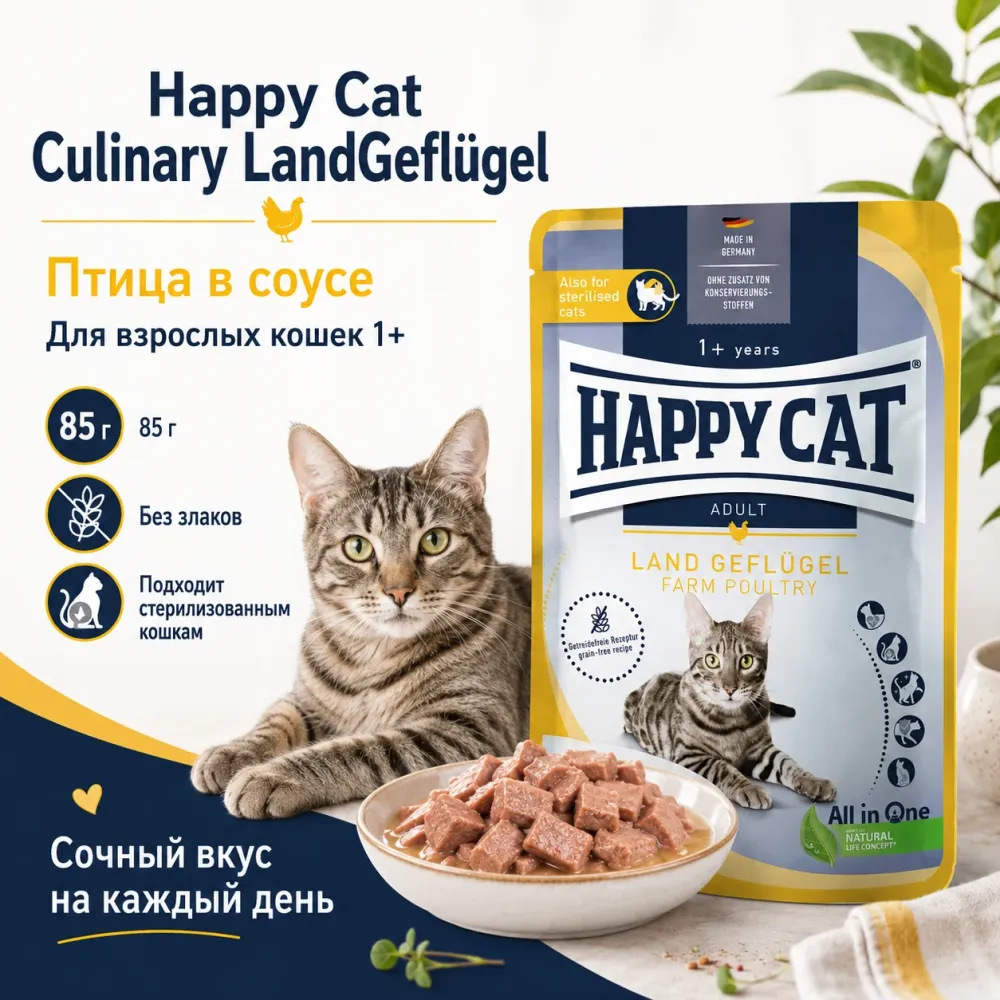 Happy Cat Culinary Meat in Sauce LandGeflügel влажный корм для кошек с птицей, 85 г
