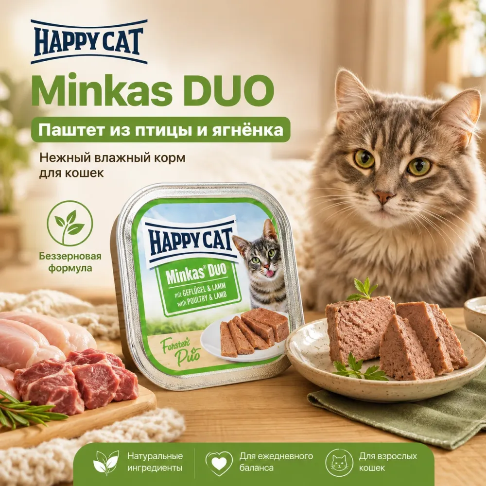 Minkas DUO влажный корм-паштет для кошек с птицей и ягнёнком, 100 г