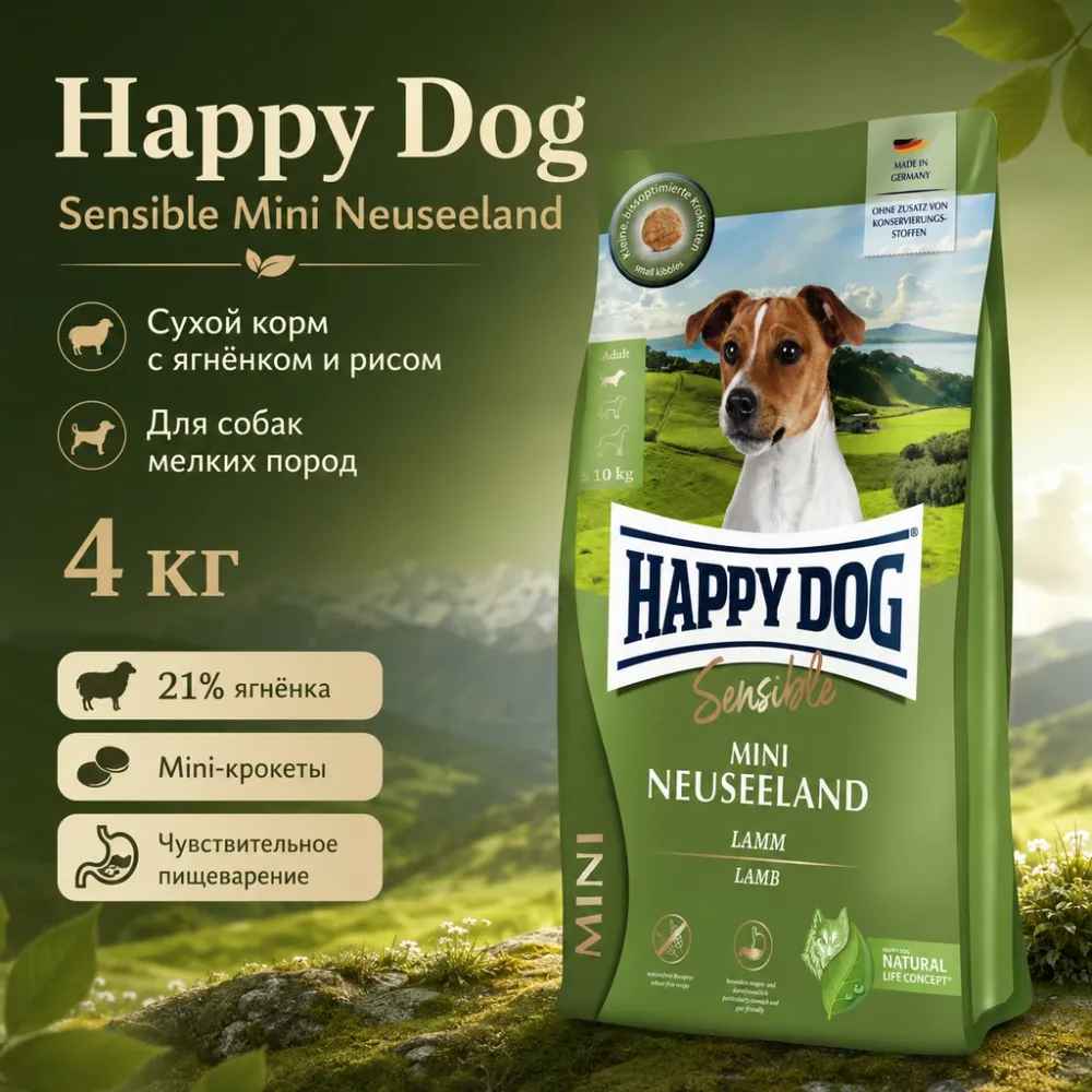 Happy Dog Sensible Mini Neuseeland корм для собак мелких пород с ягнёнком и рисом 4 кг