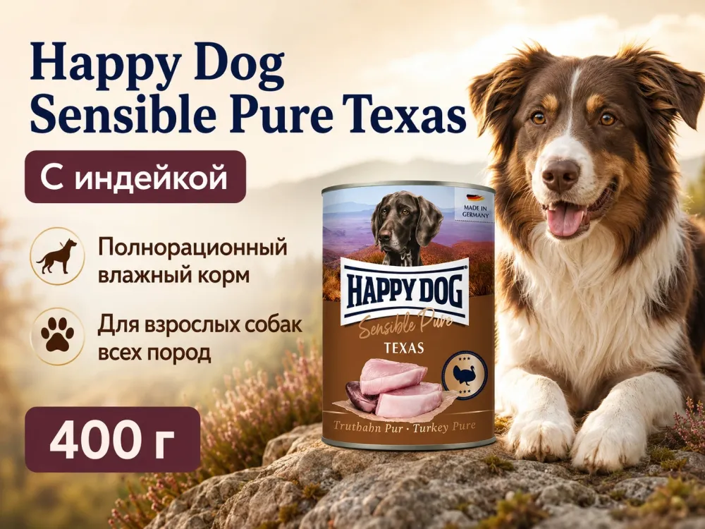 Happy Dog Sensible Pure Texas — влажный корм с индейкой для взрослых собак, 400 г