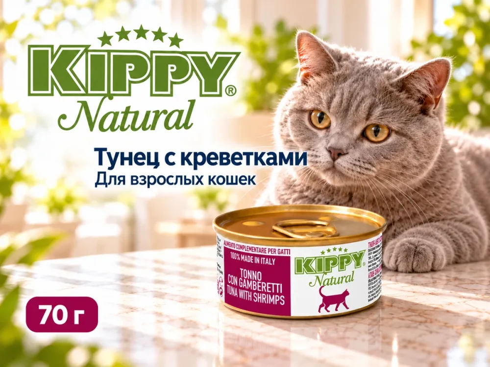 Kippy Natural с тунцом и креветками дополнительный корм для взрослых кошек, 70 г