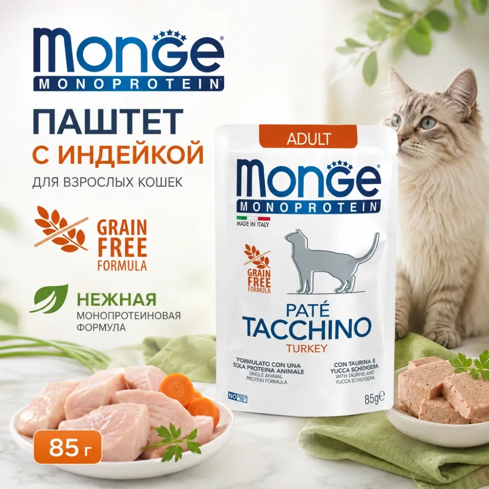 Monge Monoprotein Cat Turkey with Carrots влажный корм с индейкой и морковью для взрослых кошек, 80 г