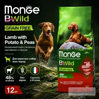 Monge Dog BWild Grain Free Lamb Potato Peas сухой беззерновой корм с ягнёнком для взрослых собак 12 кг