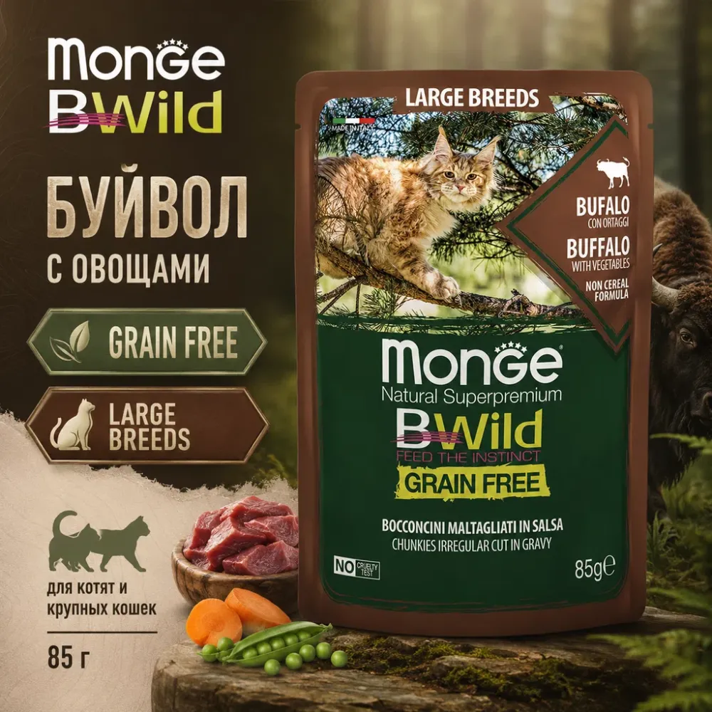 Monge BWild Cat Buffalo with Vegetables влажный корм с буйволом и овощами для котят и взрослых кошек крупных пород, 85 г