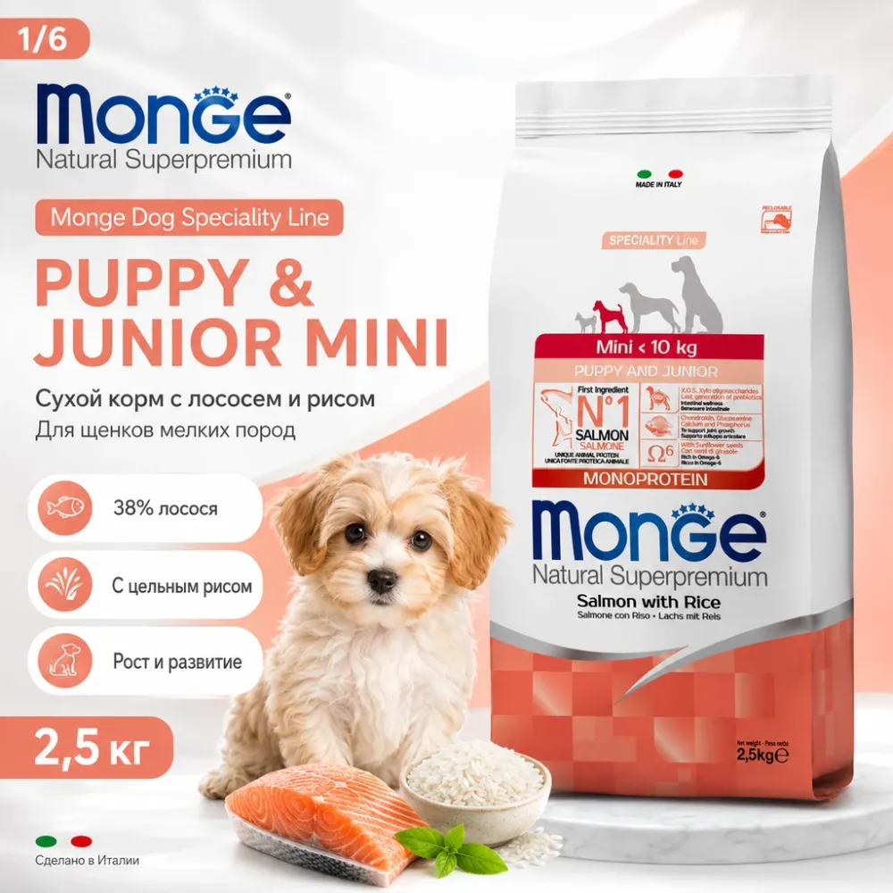Monge Dog Puppy & Junior Mini Salmon & Rice сухой корм с лососем и рисом для щенков мелких пород 2,5 кг