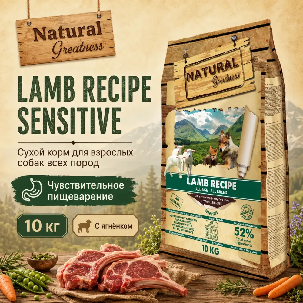 Natural Greatness Lamb Recipe Sensitive сухой корм для взрослых собак с чувствительным пищеварением с ягнёнком, 10 кг