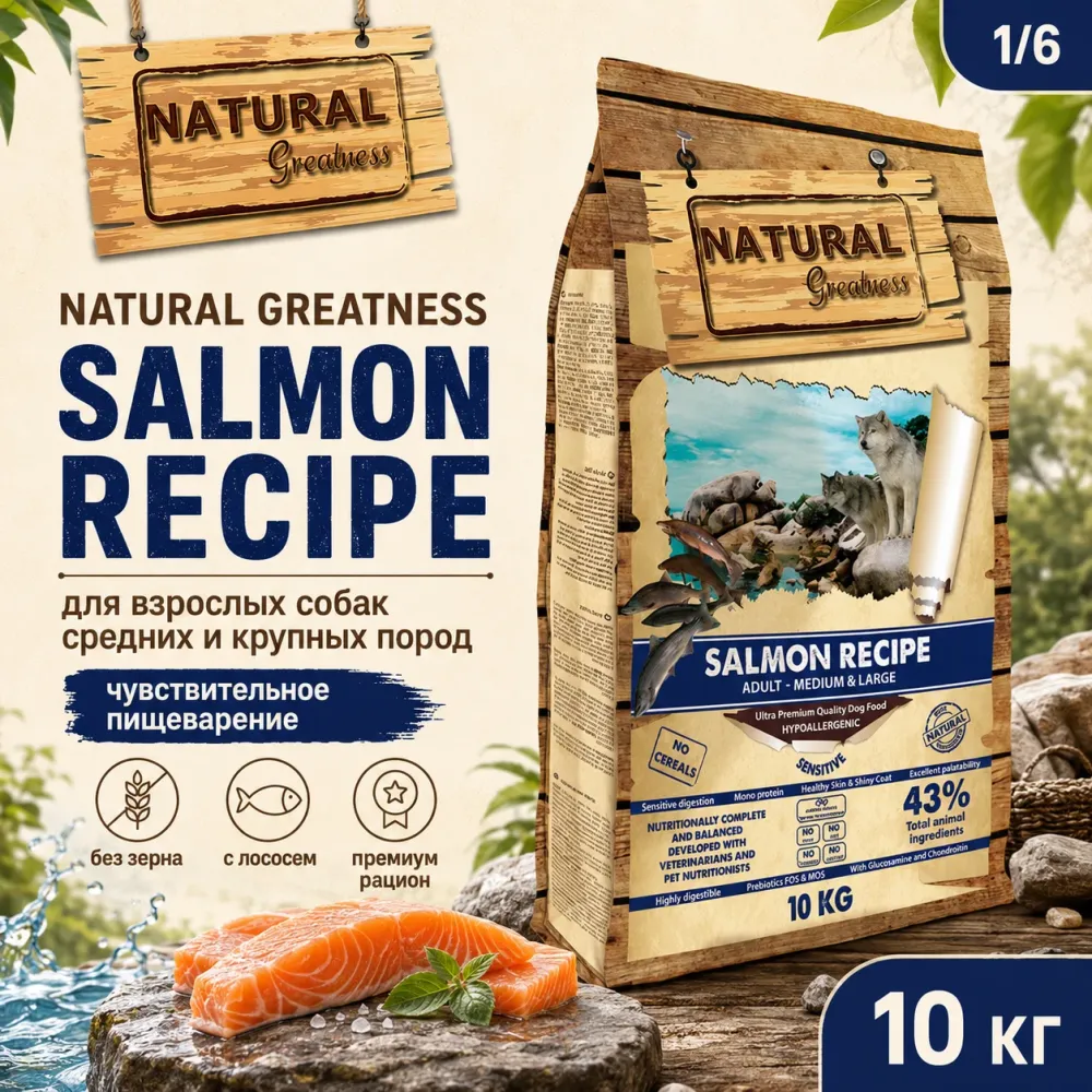Natural Greatness Salmon Recipe Sensitive Adult Medium & Large сухой корм для взрослых собак средних и крупных пород с лососем, 10 кг