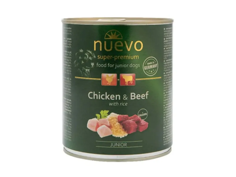 Nuevo влажный корм Junior Chicken and Beef для щенков с курицей говядиной и рисом 800 г