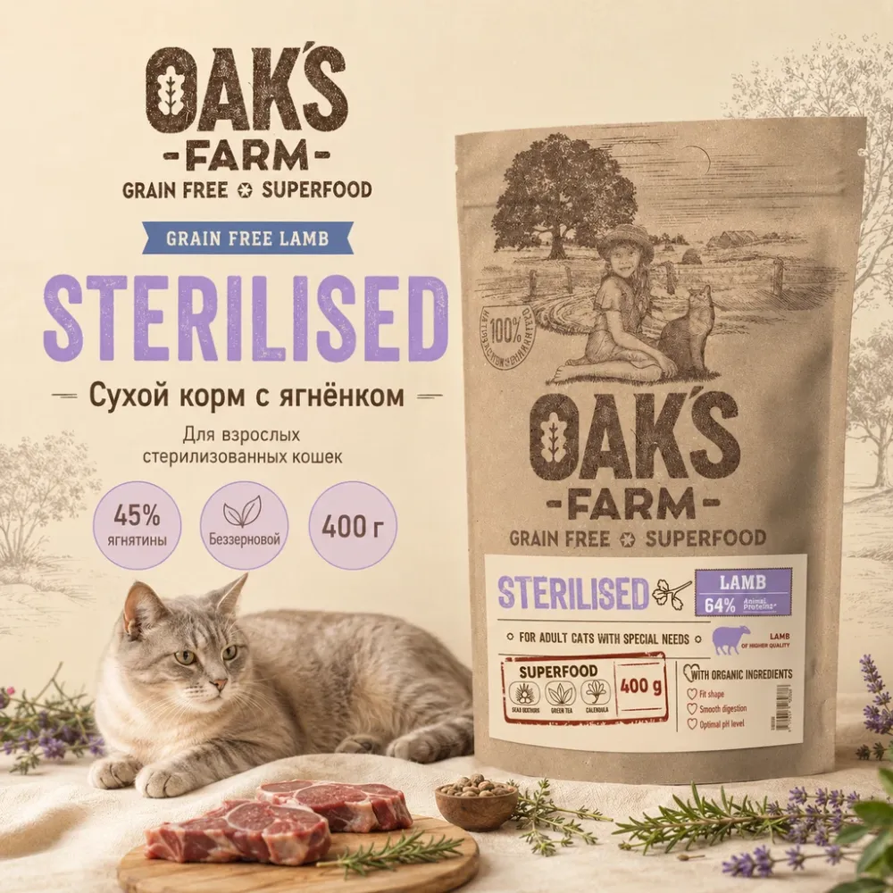 OAK’S FARM Grain Free Lamb Sterilised сухой беззерновой корм с ягнёнком для стерилизованных кошек 400 г