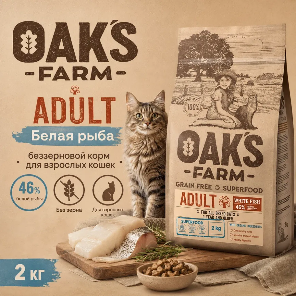 OAK’S FARM Grain Free White Fish Adult Cat беззерновой корм с белой рыбой для взрослых кошек 2 кг