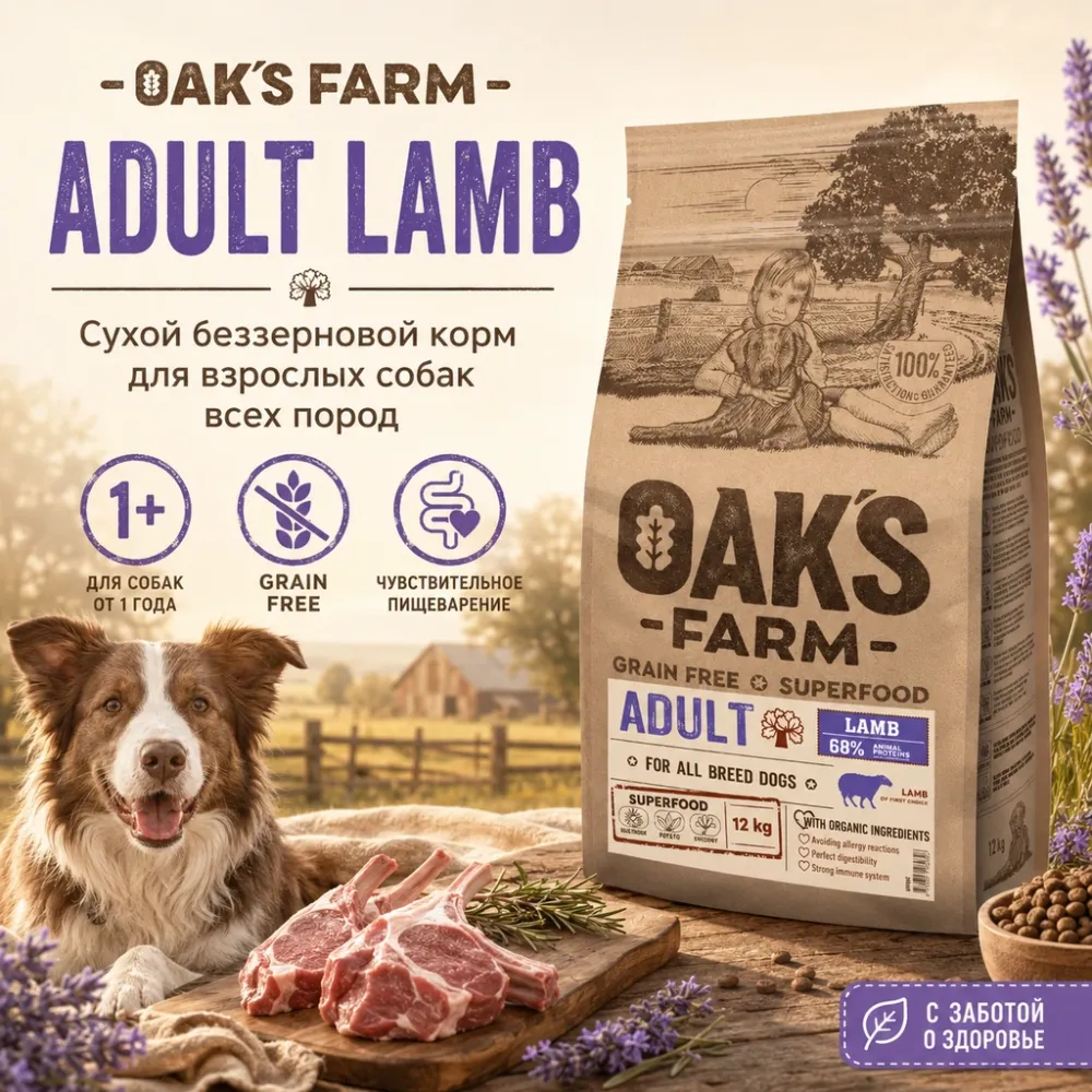 OAK'S FARM сухой беззерновой корм с ягненком для взрослых собак всех пород, супер-премиум, 12 кг